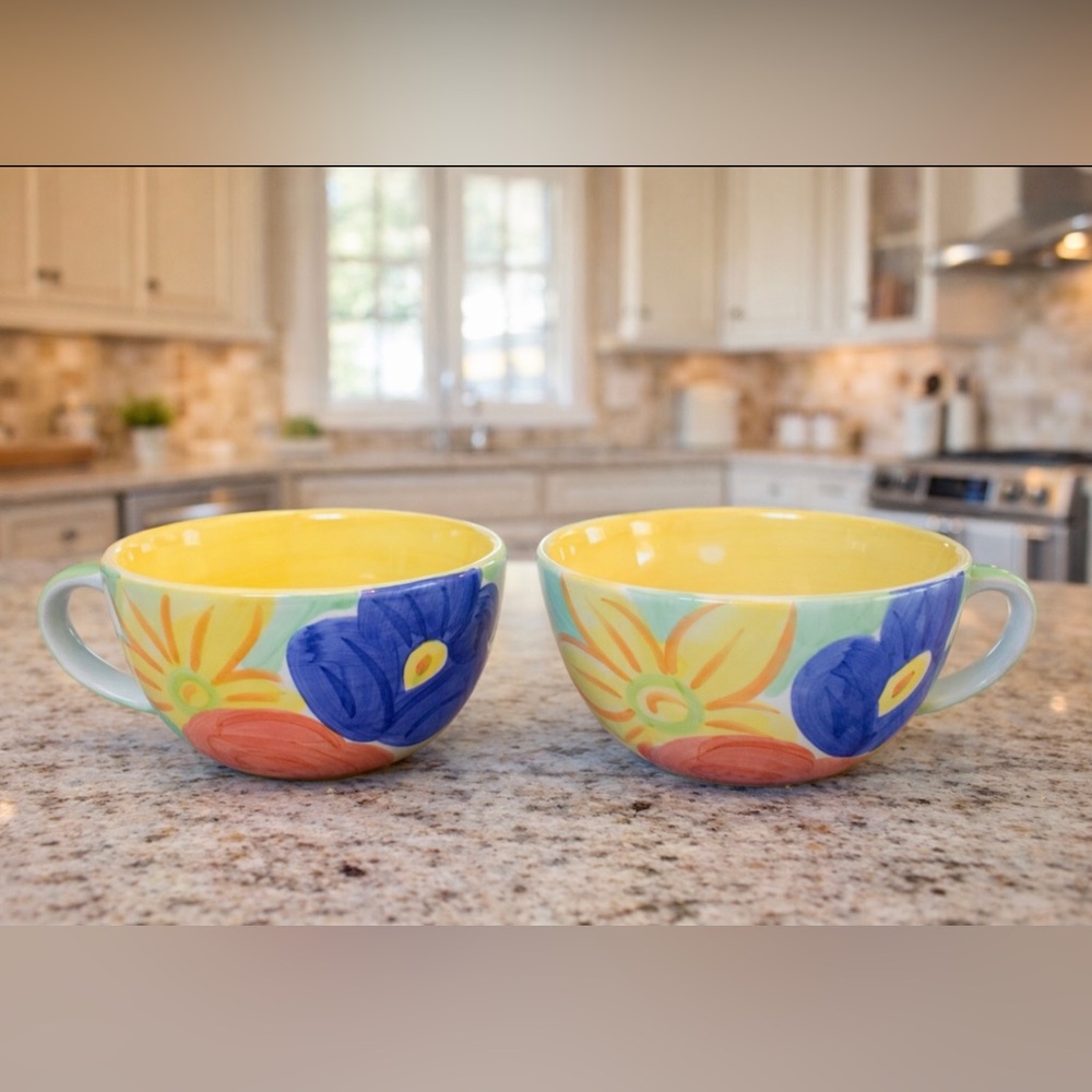 Bob Mackie yellow blue floral botanical oversized vintage mug set